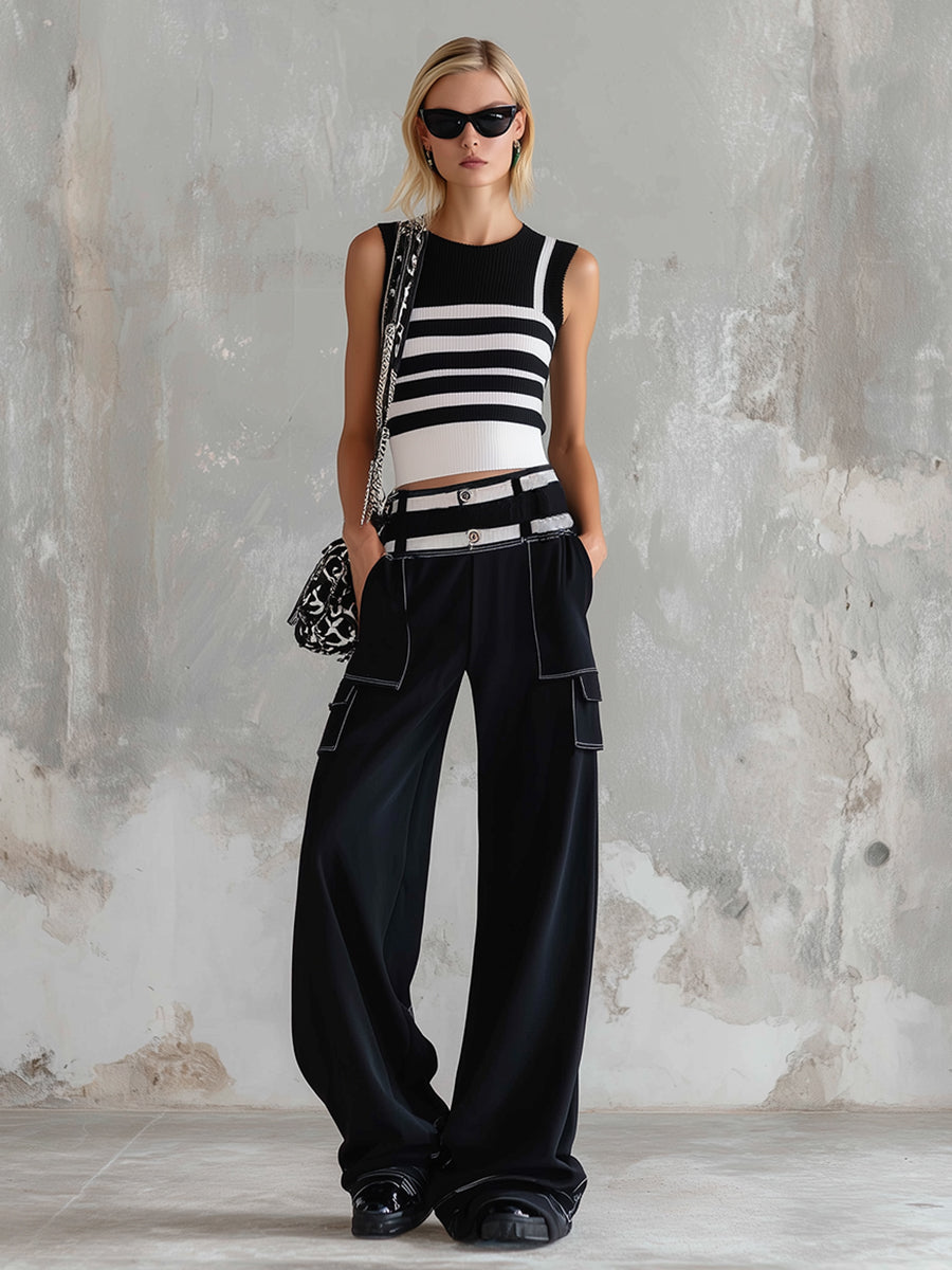 Stylish Sporty Black Striped Knit Vest Cotton Wide-Leg Pants Set