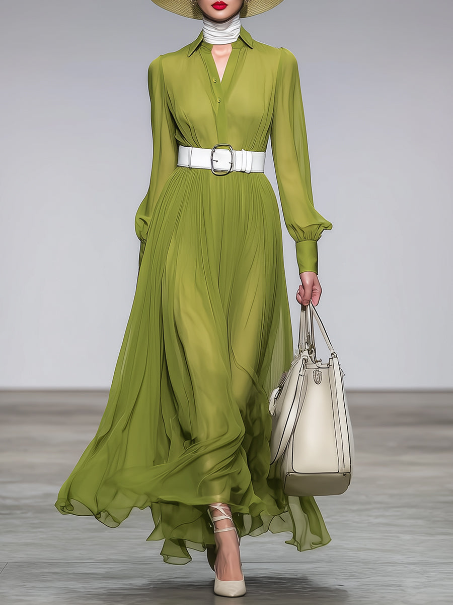 Elegant Green Thick Chiffon Maxi Dress