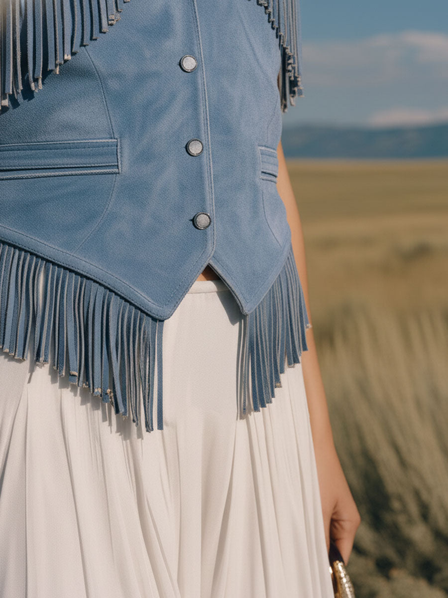 Western Retro Blue Faux Suede Tassel Vest