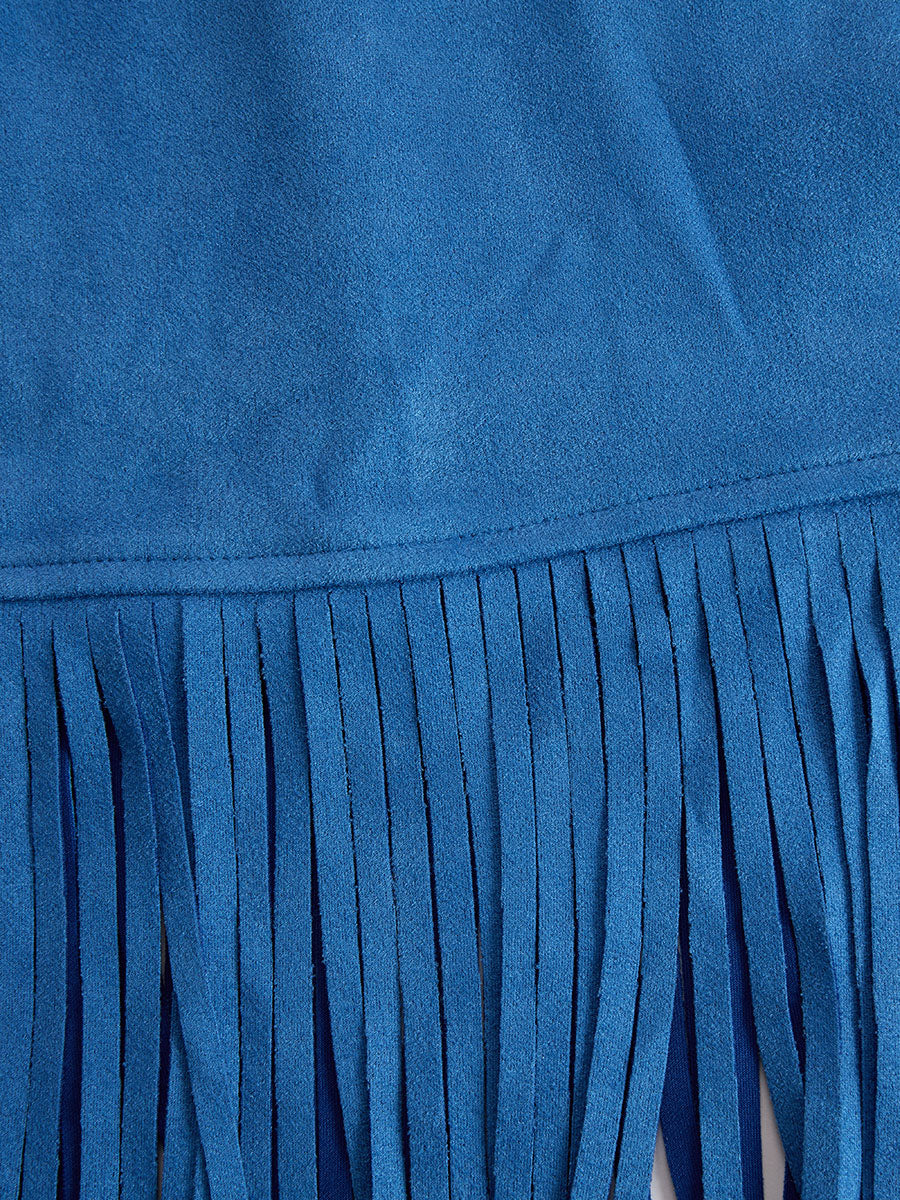 Retro Western Style Zippered Collar Blue Fringed Faux Suede Mini Dress