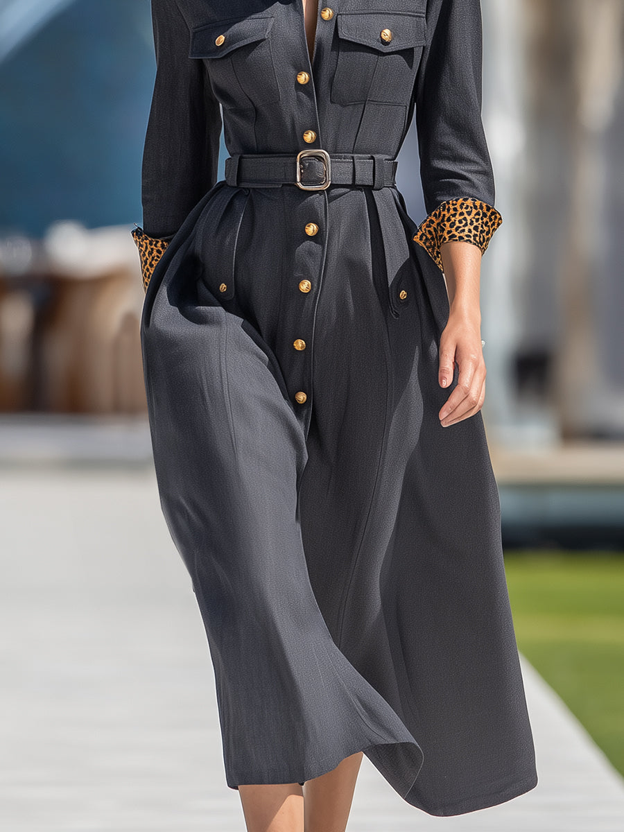 Simple Retro Leopard Print With Gold Buttons Dark Gray Midi Dress