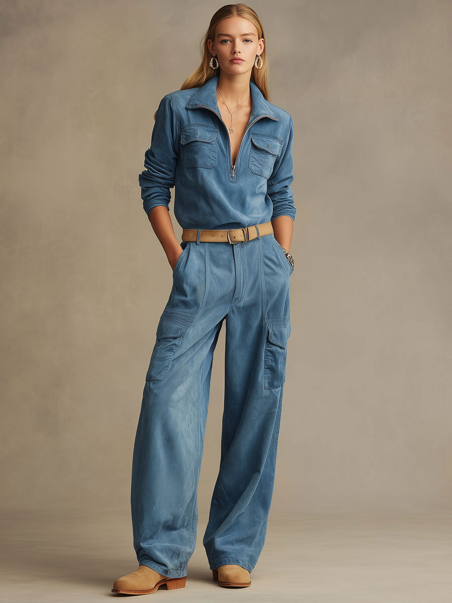 Western Retro Blue Faux Suede Half-Zip Top And Wide-Leg Cargo Pants Set