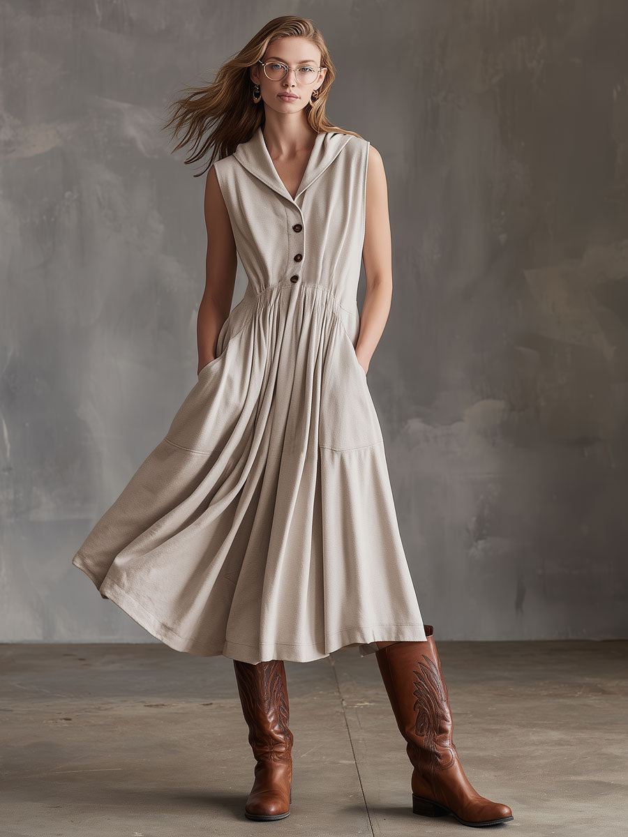 Sporty Retro Apricot Sleeveless A-line Midi Dress