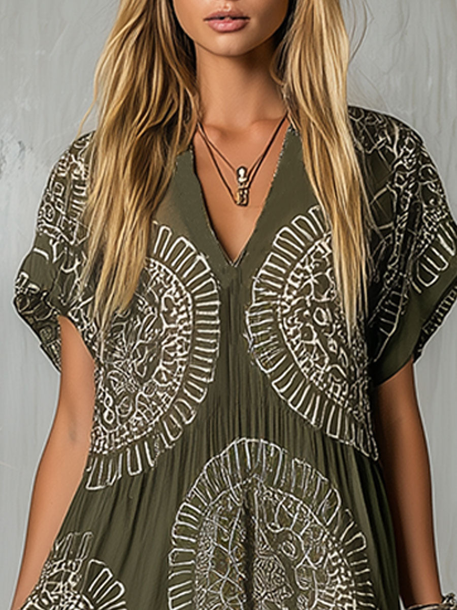 Western Retro Ethnic Style White Floral Print Olive Green Chiffon Midi Dress