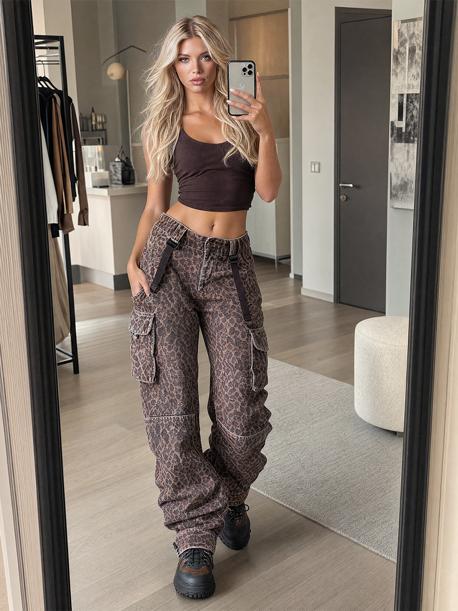 Retro Casual Brown Leopard-Print Multi-Pocket Utility Jeans