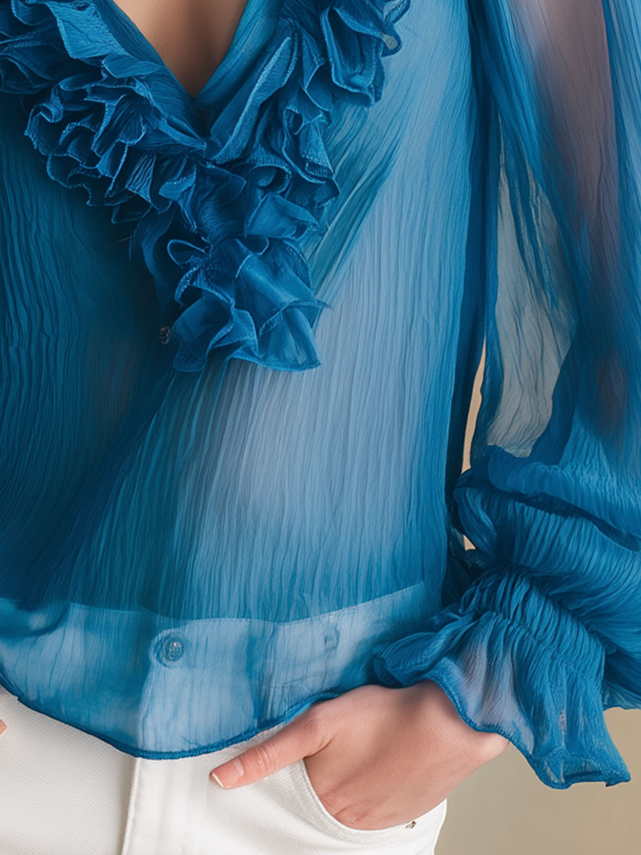 Stylish And Elegant Blue Ruffled Chiffon V-neck Shirt