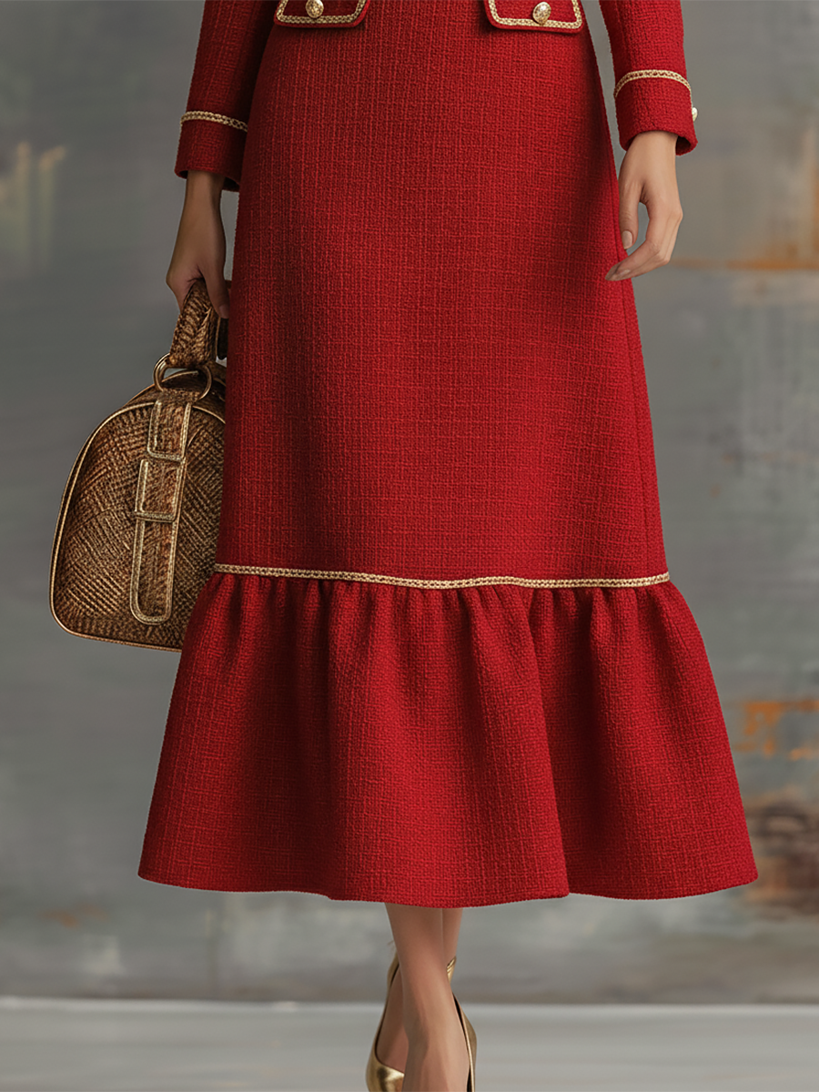 Vintage Gold-trimmed V-neck Tweed Maxi Dress