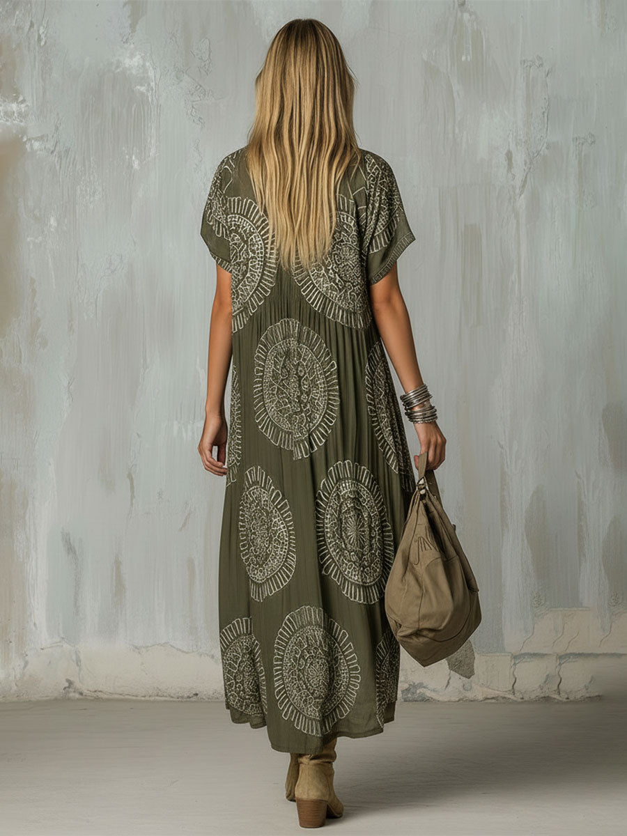 Western Retro Ethnic Style White Floral Print Olive Green Chiffon Midi Dress