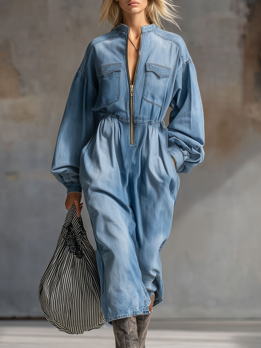 Loose-fitting Stand-up Collar Zippered Multi-pocket Denim Midi Dress
