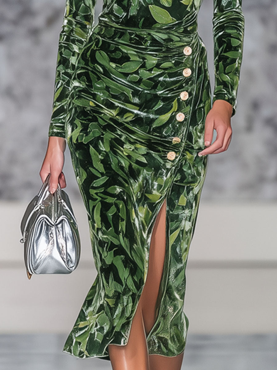 Retro Leaf Print Velvet Round Neck Side Slit Long Sleeve Midi Dress