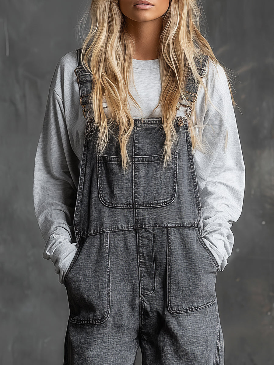 Casual Western Grey Denim Loose Multi-Pocket Jumpsuit Overalls