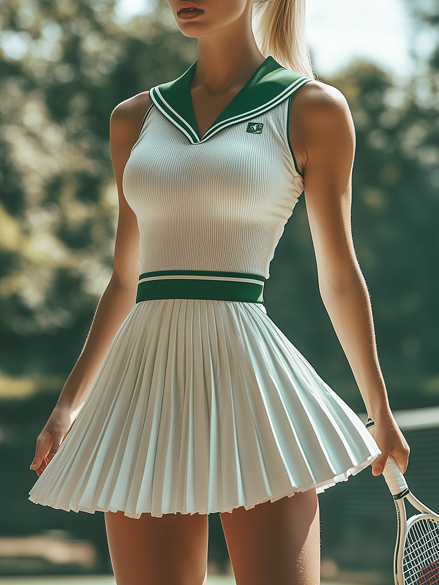 【24-hour shipping out】Fashionable Preppy Style White And Green Contrast Striped Sleeveless Mini Dress
