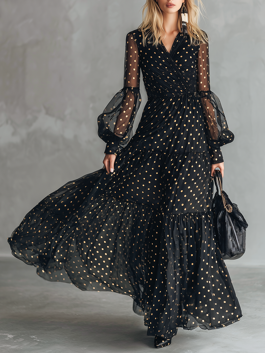 High-end Chic Gold Polka Dot V-neck Ruffled Black Chiffon Maxi Dress