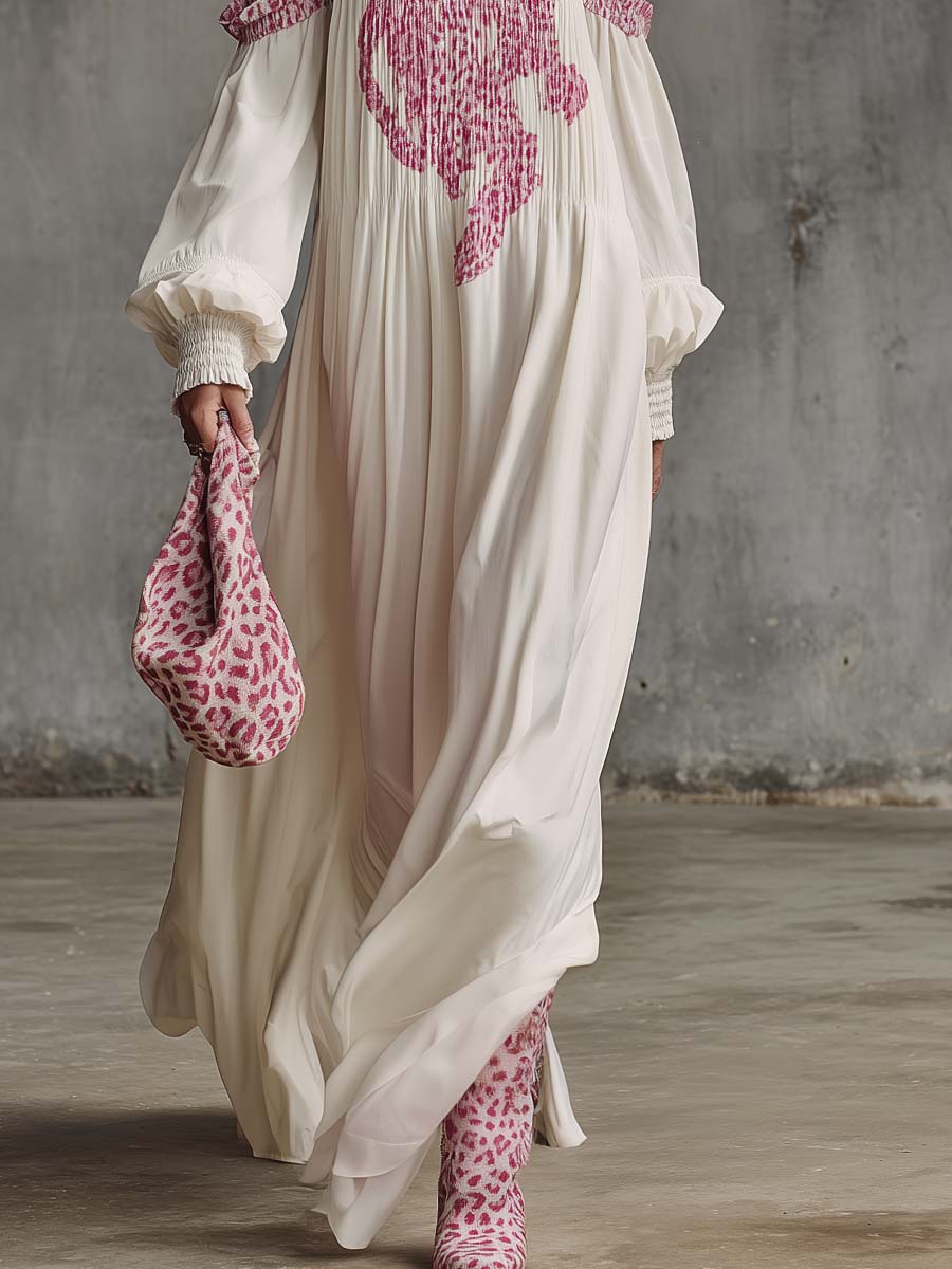 Retro Fashion Flowing Strappy Off-shoulder Leopard Print Shirred Cream Chiffon Maxi Dress