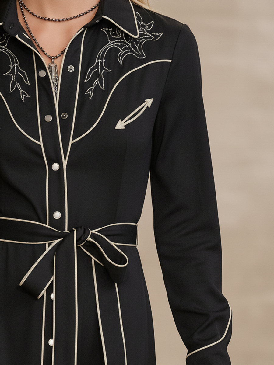 Chic Western Embroidered White Striped Black Matte Satin Maxi Dress