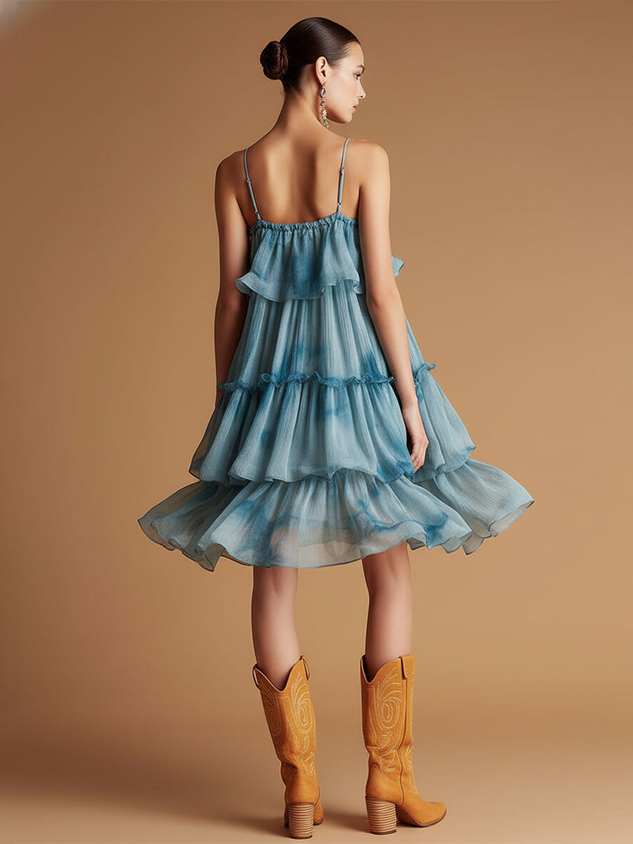 Resort-style Blue Spaghetti Strap Chiffon Midi Dress