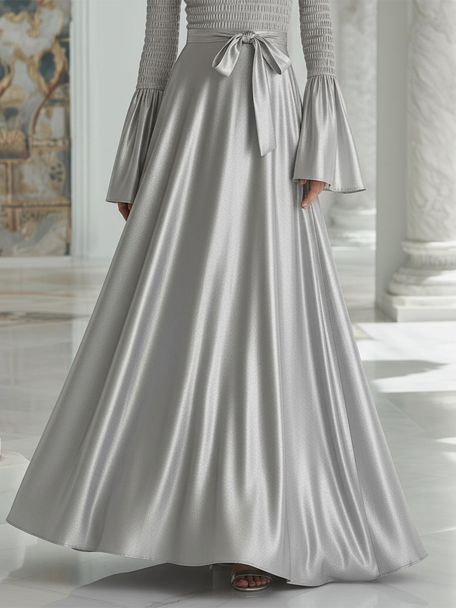 High-fashion Flared Sleeves Silver Maxi Dress
