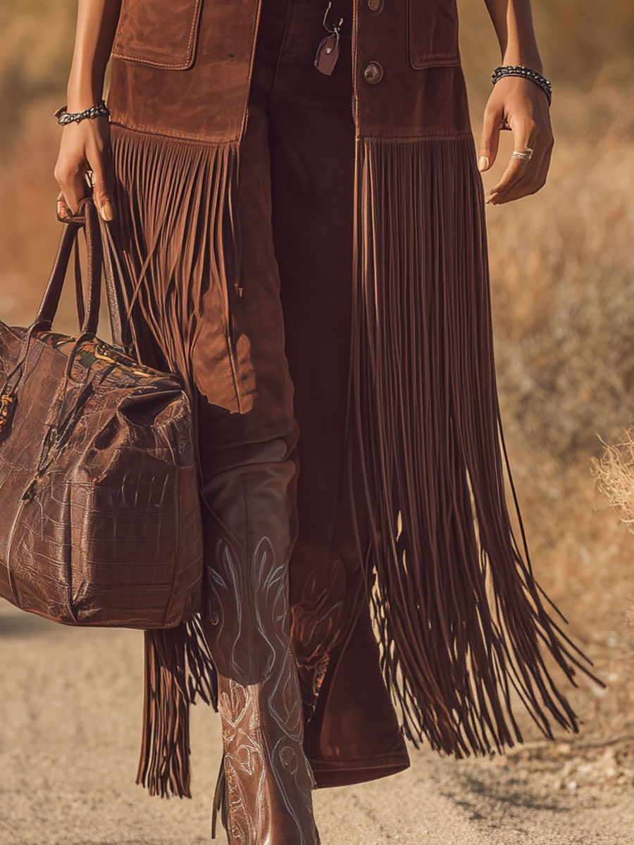 Stylish Western-style Brown Faux Suede Fringed Mid-length Vest