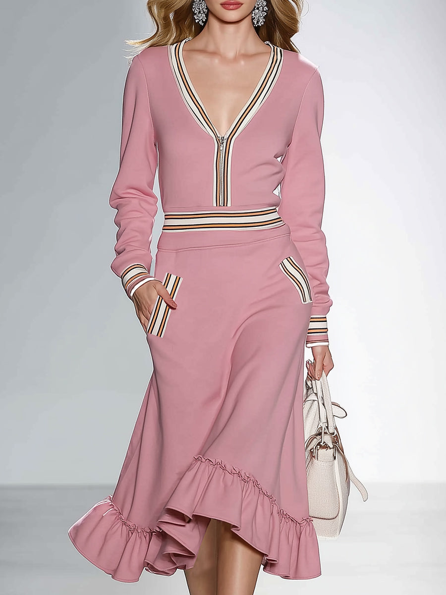 Fashionable And Casual Ruffled Hem Pink V-neck Midi Dress