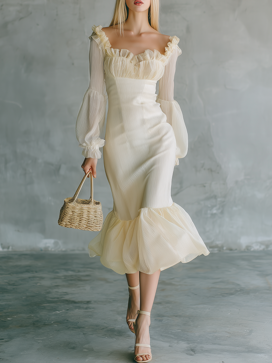 Exquisite And Elegant Square Neckline Ruffles Chiffon Midi Dress