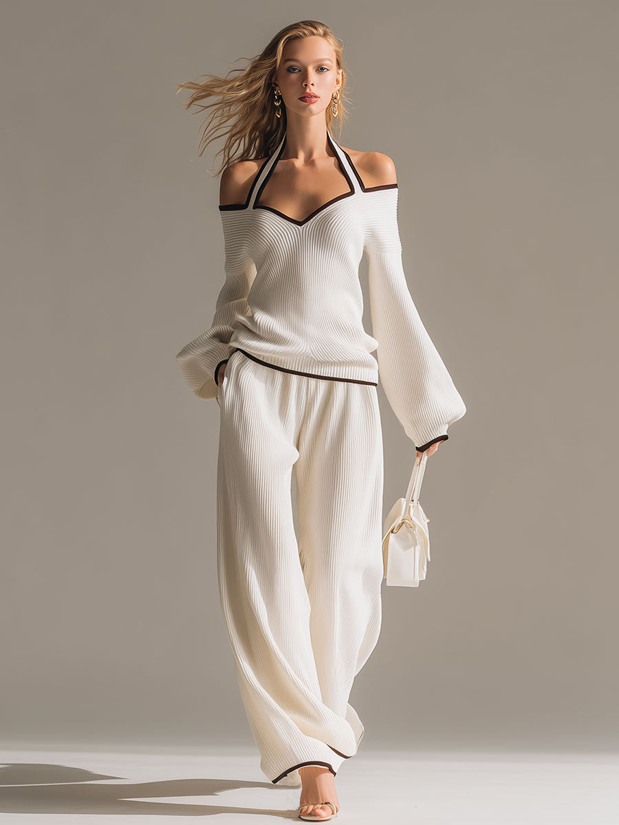 Elegant Color-blocked White Halter-neck Long-sleeved Knit Top And Pants Set