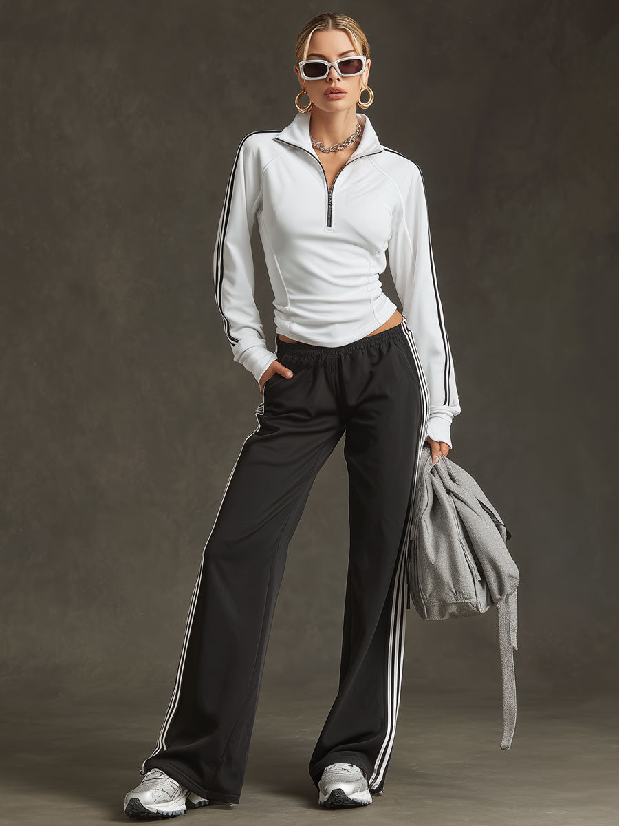 Sporty Retro Striped Black-White Long-sleeved Sweatshirt And Wide-leg Pants Set