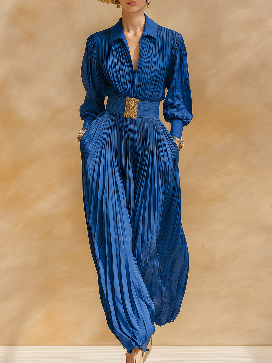 High-end Chic Pleated Royal Blue Satin Maxi Dress