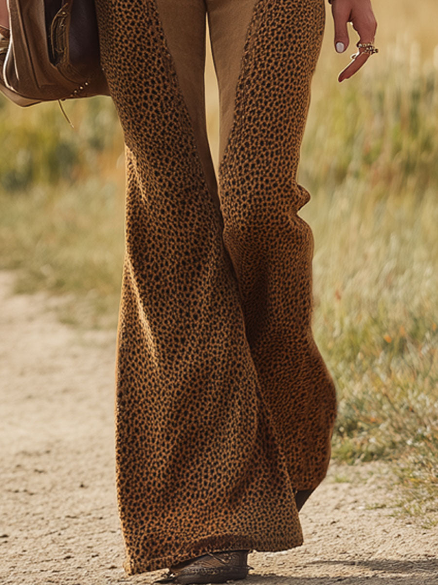 Leopard Print Patchwork Faux Suede Flared Pants