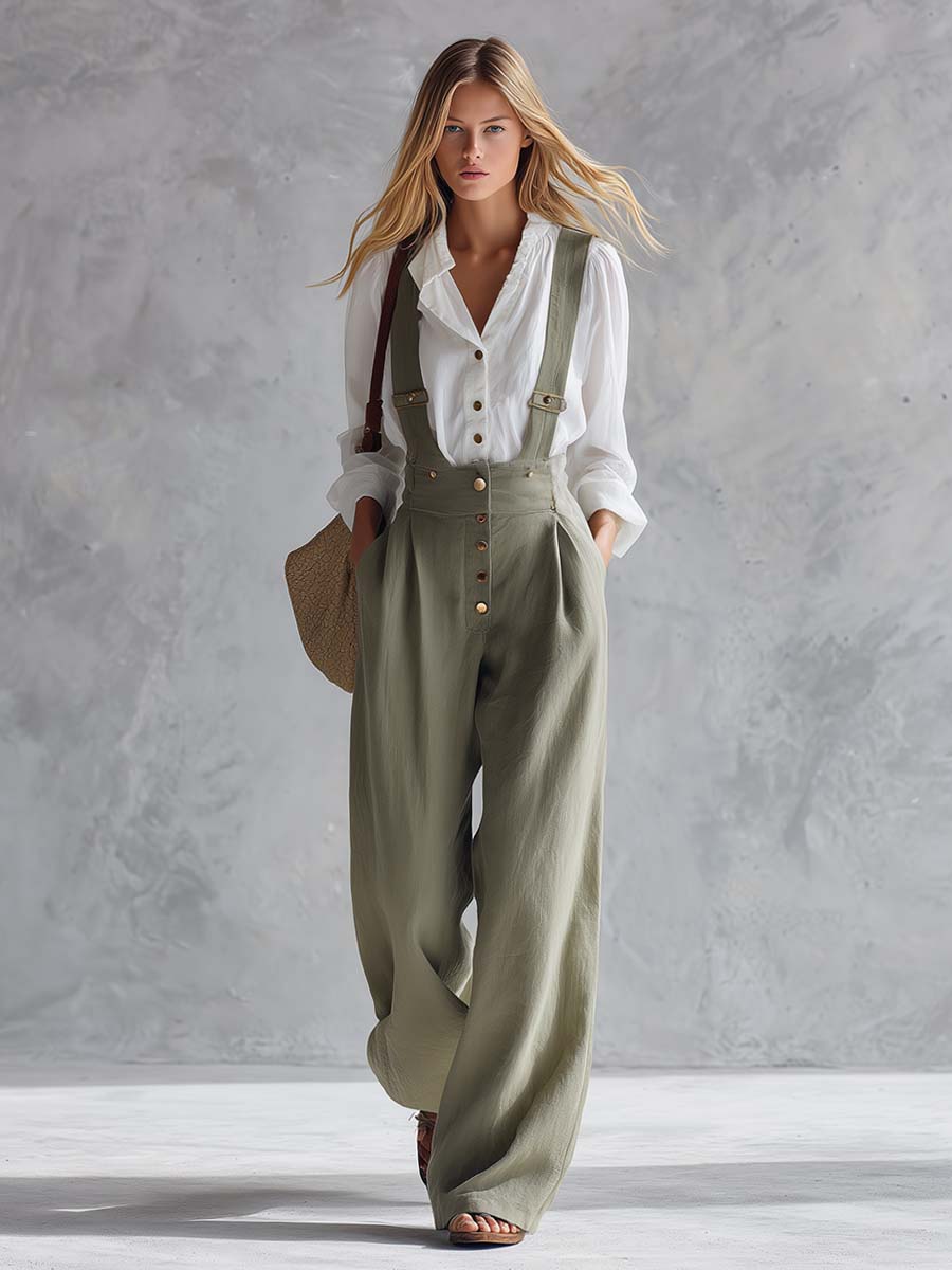 Casual Fashionable Versatile Sage Green Cotton And Linen Wide-leg Pants Overalls