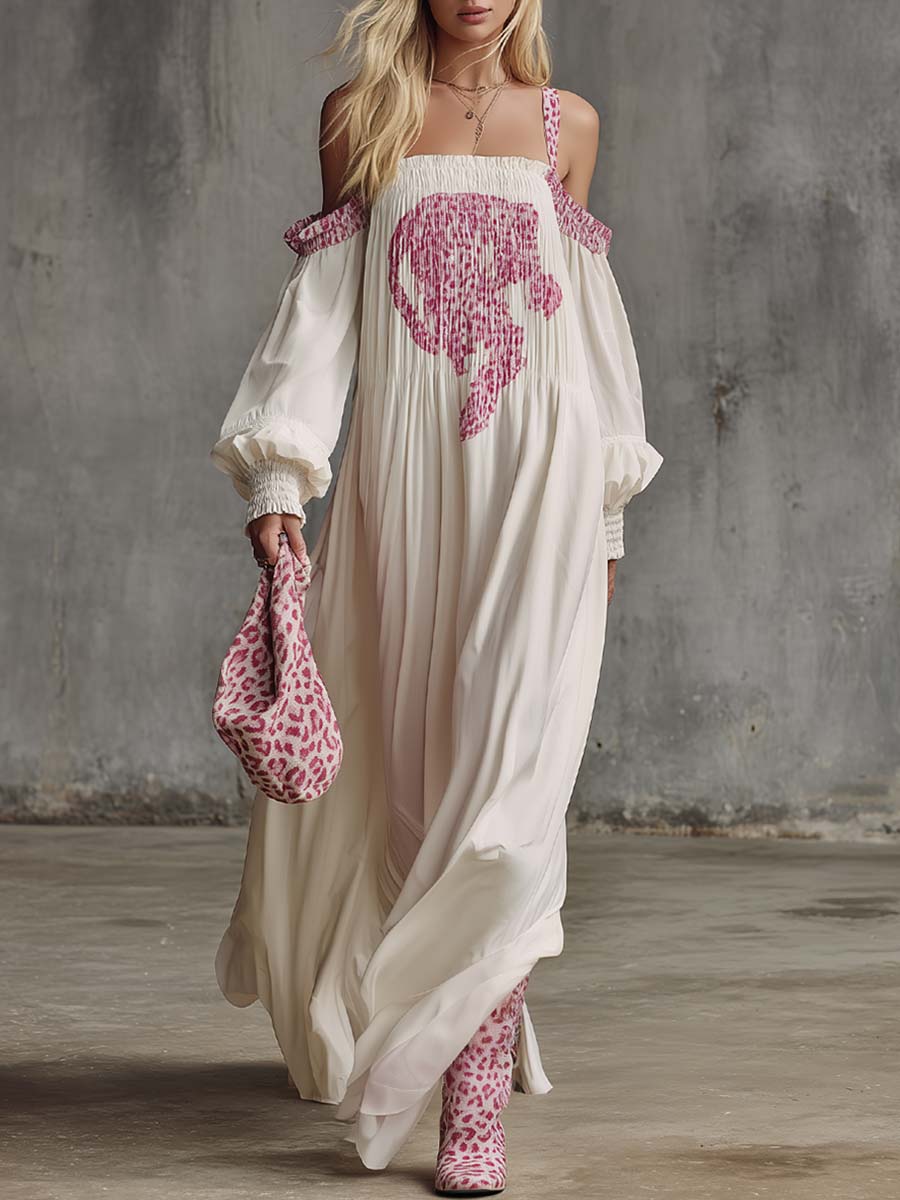 Retro Fashion Flowing Strappy Off-shoulder Leopard Print Shirred Cream Chiffon Maxi Dress