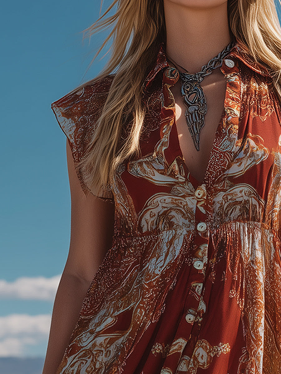 Retro Western Rust-Red Printed Chiffon Sleeveless Mini Dress