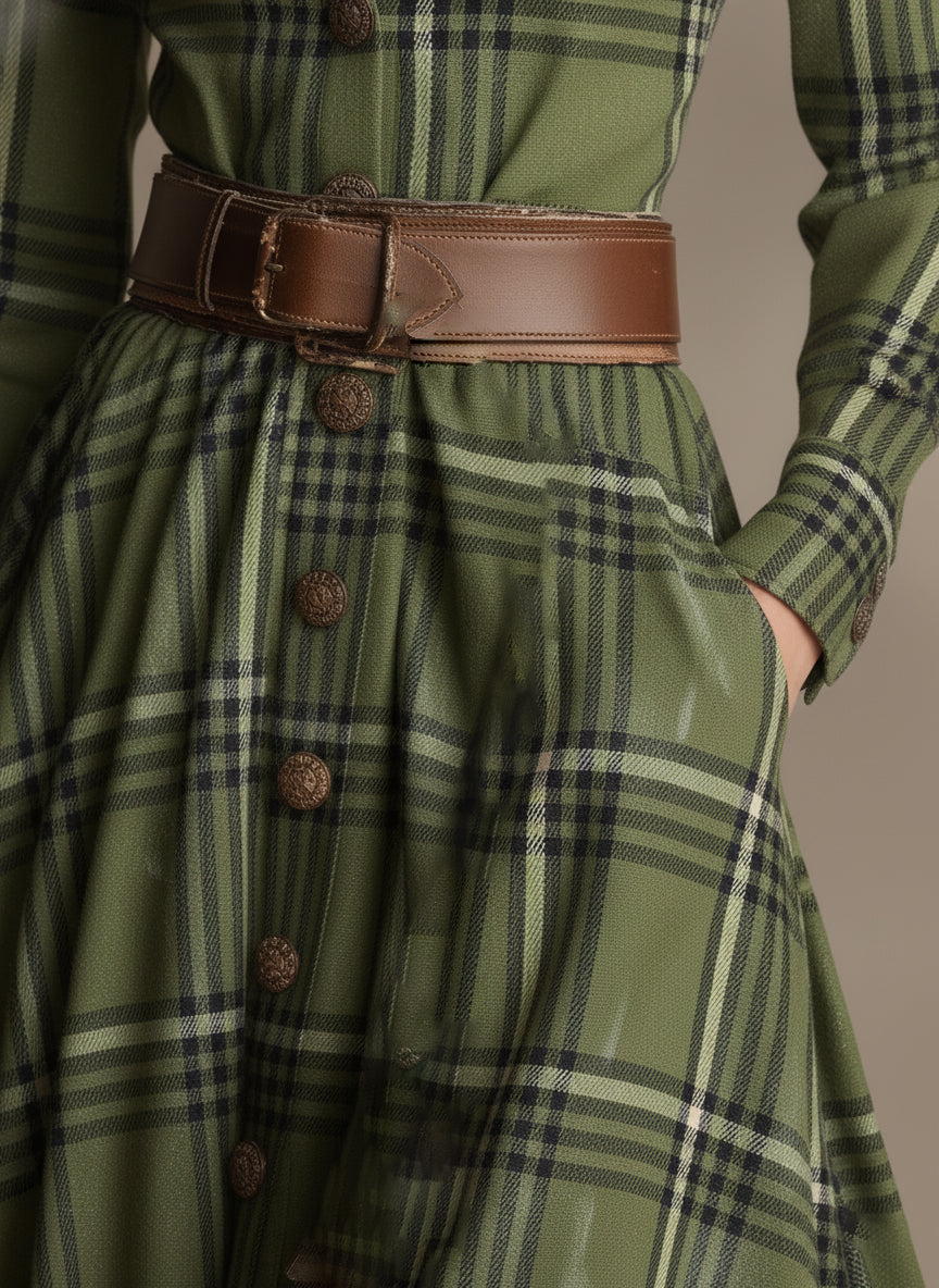 Vintage Bohemian Distressed Green Plaid Lapel Button-down Maxi Dress