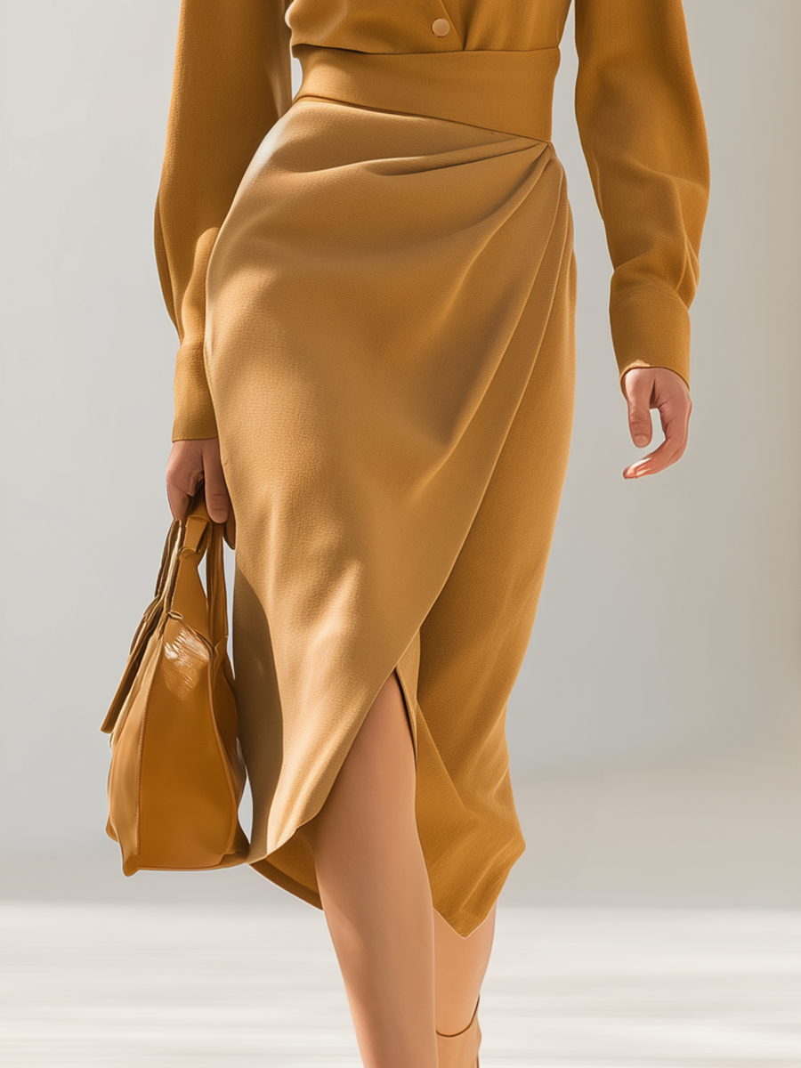 Elegant Business-style Solid Color Lapel Midi Dress
