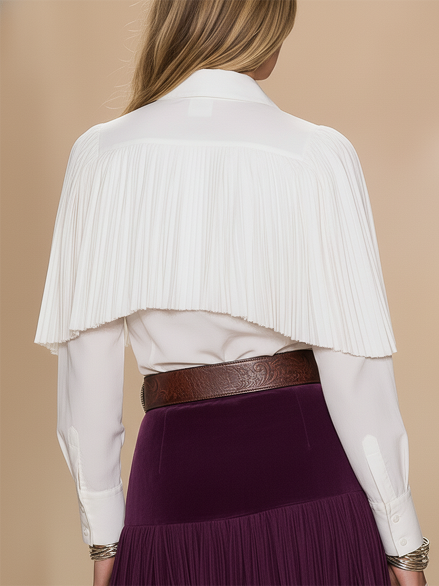 Stylish And Sophisticated Pleated Shawl Collar White Shirt