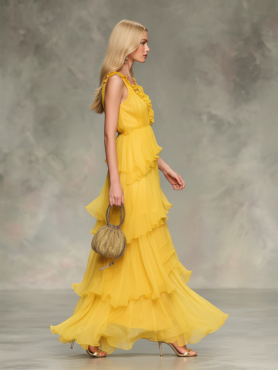 Elegant And Stylish V-neck Layered Chiffon Ruffles Maxi Dress