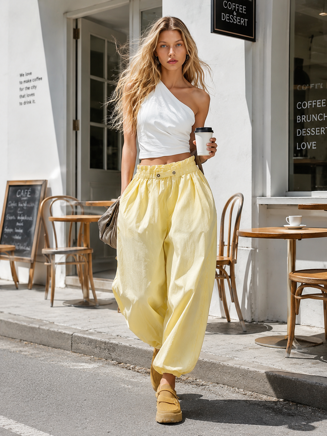 Casual Fashion White Cotton-Linen One-Shoulder Top And Light Yellow Pants Set