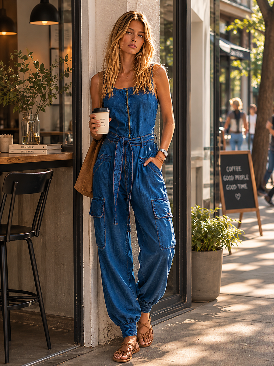 Edgy & Casual Bright Blue Denim Multi-Pocket Jumpsuit