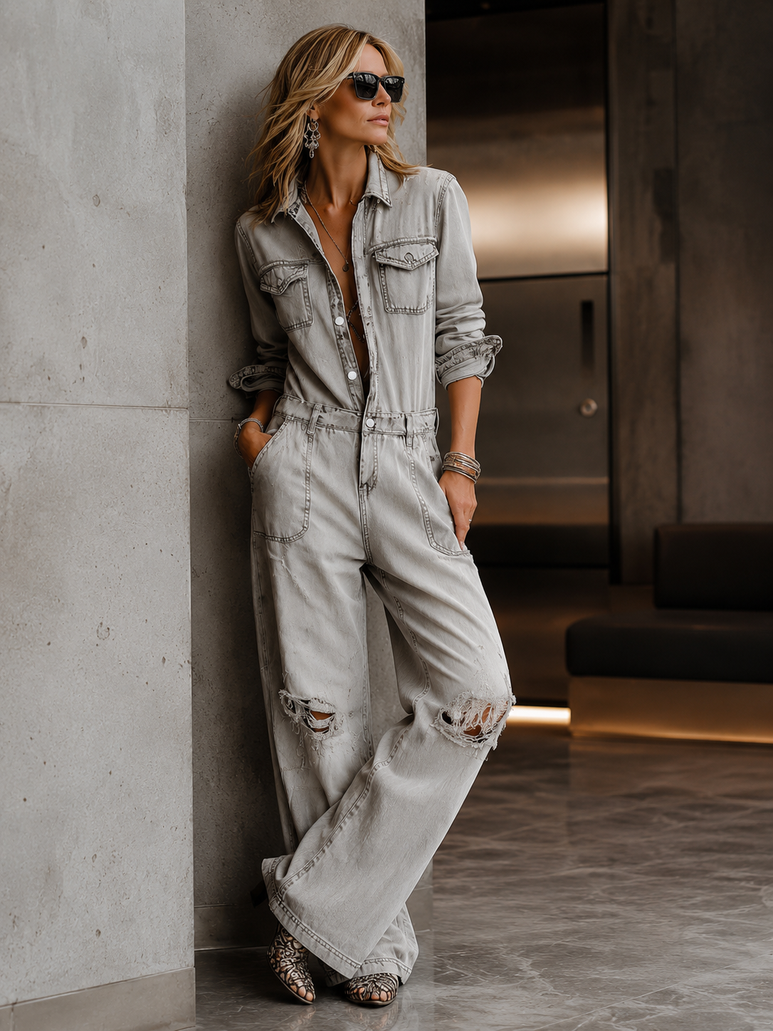 Chic And Casual Light Grey Distressed Ripped Denim Jumpsuit