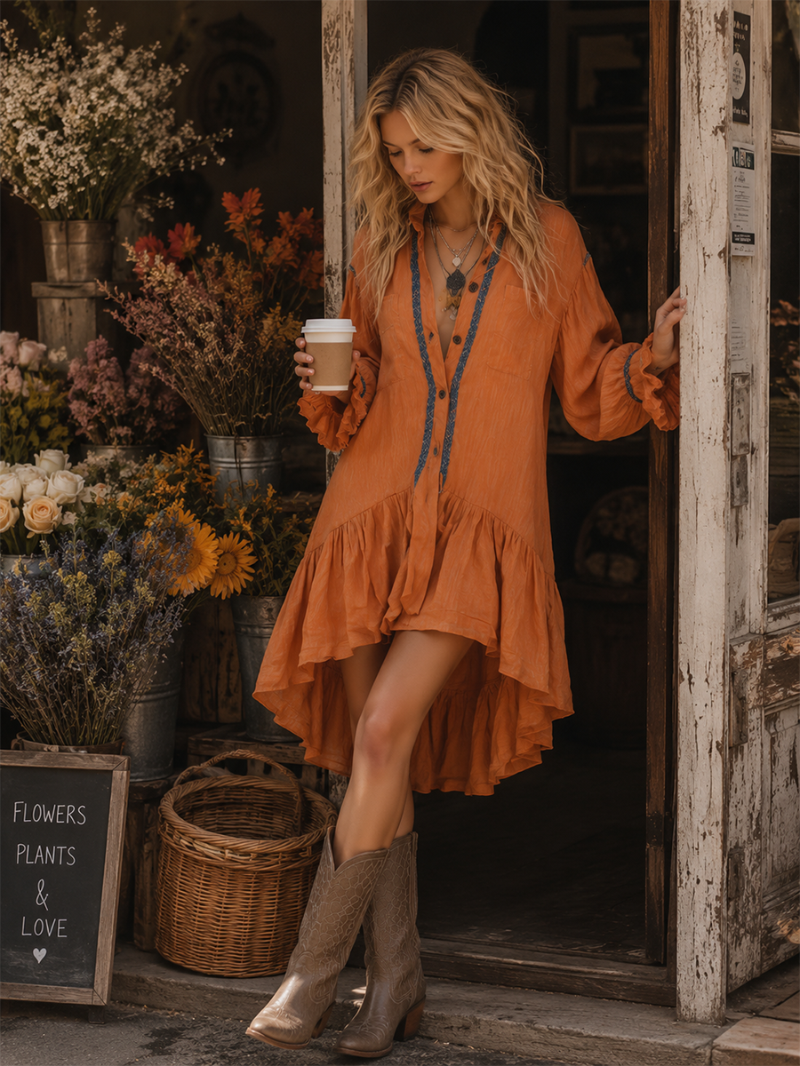 Chic & Casual Lace-Trimmed Orange Cotton-Linen Long-Sleeve Mini Dress