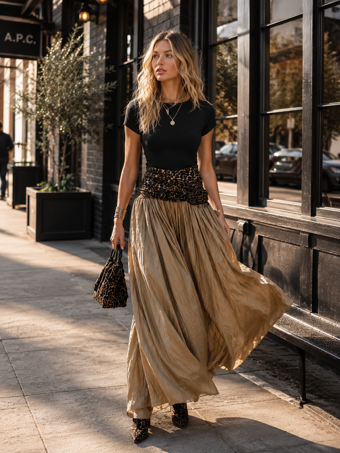 Vintage-style Elegant Leopard-print And Black Patchwork Khaki Maxi Dress