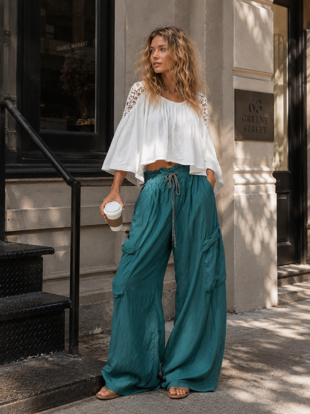 Vintage-style Boho White Shirt And Teal Utility Trousers Cotton-linen Set