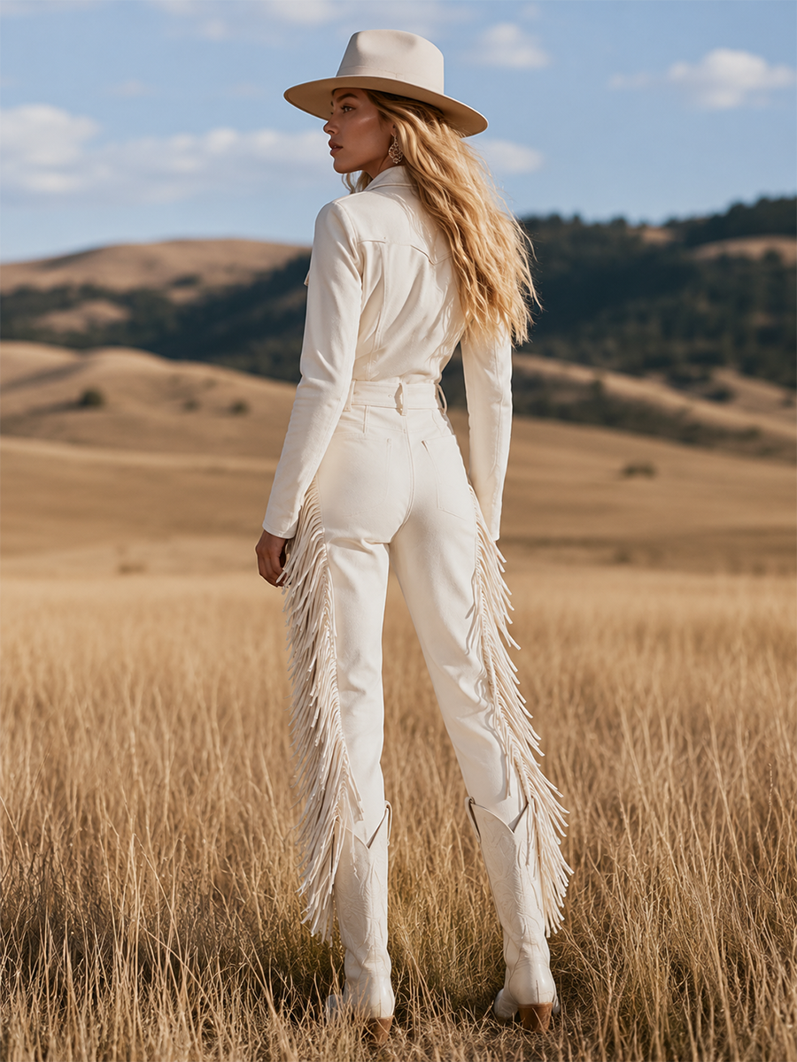 Vintage-style Western White Faux-suede Collared Fringe Jumpsuit