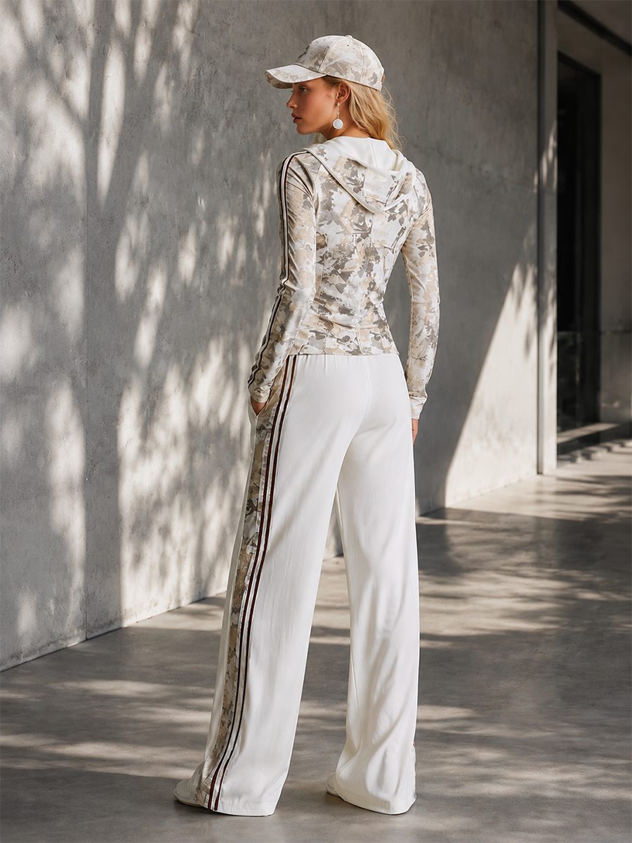 Casual Athletic White Camouflage Zip-Up Hoodie And Wide-Leg Pants Cotton Set