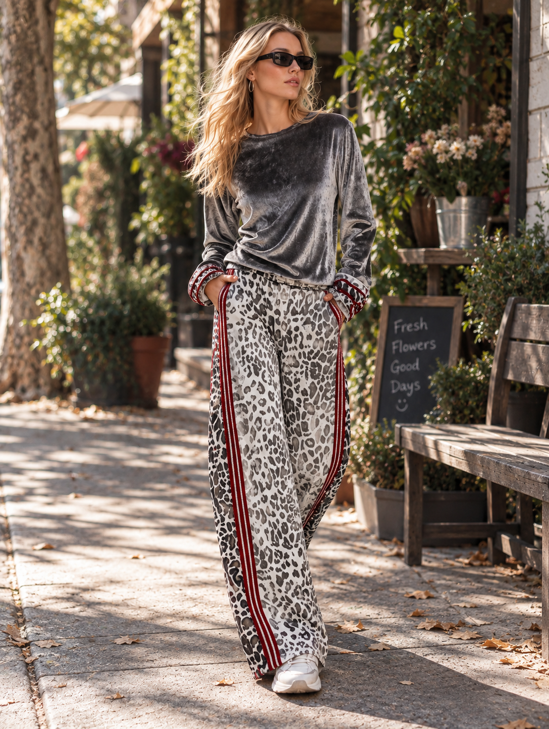 Chic Casual Striped Trim Grey T-shirt And Leopard-print Wide-leg Trousers Velvet Set