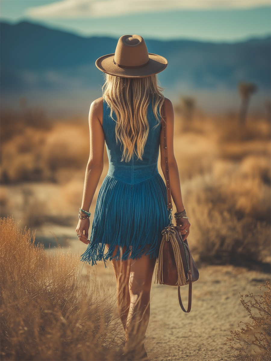 Western-inspired Bohemian Retro Sleeveless Fringed Faux Suede Mini Dress