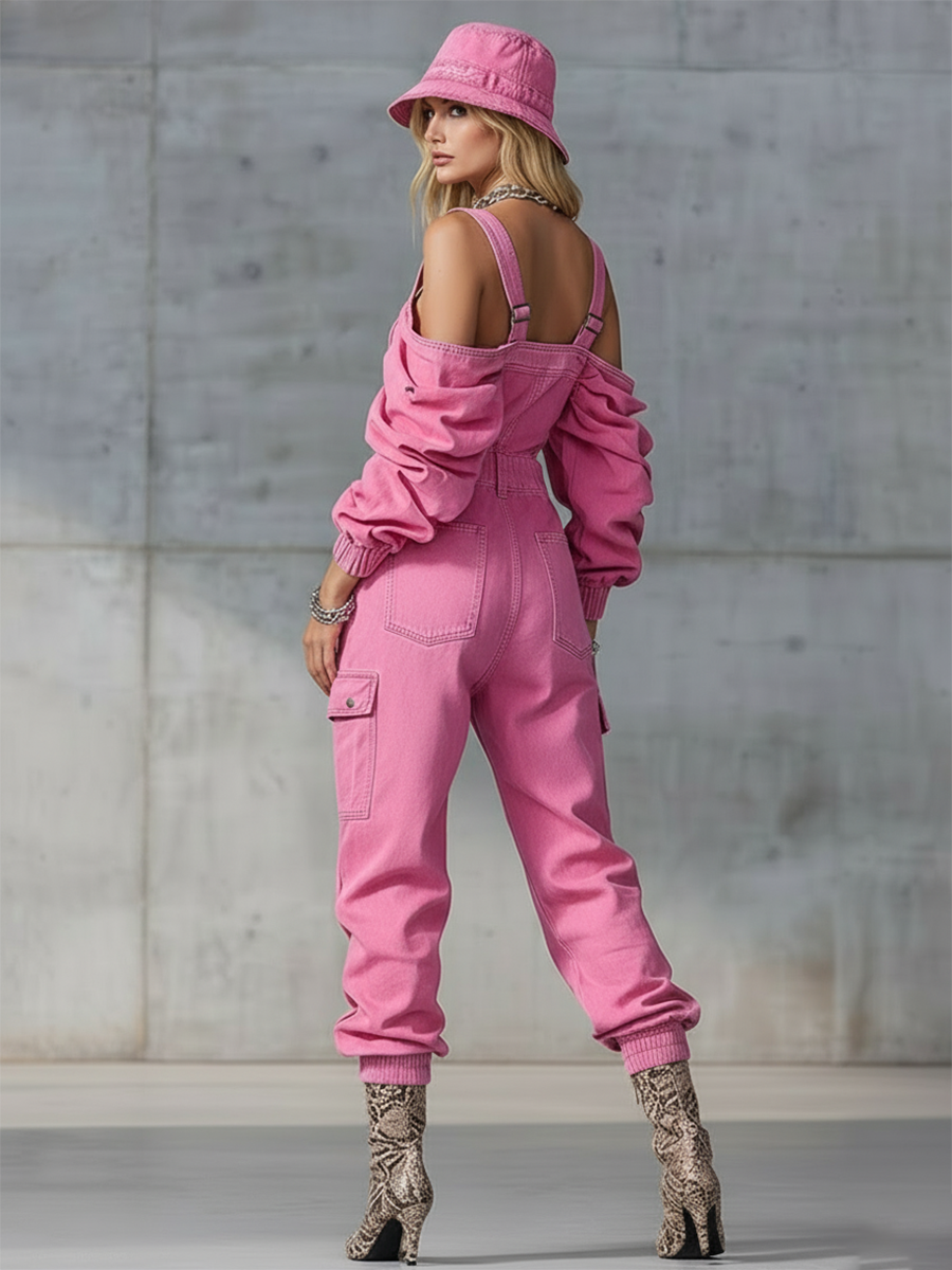Stylish And Modern Long-sleeved Strappy Tapered Legs Pink Denim Jumpsuit