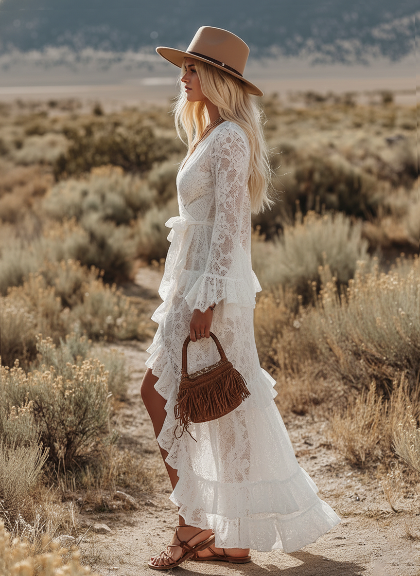 Western-style Vintage V-neck Long-sleeved Ruffled Lace Maxi Dress