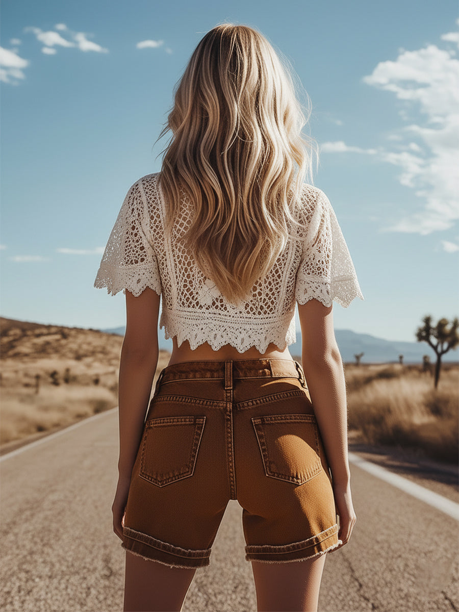 Retro-style Versatile Western Brown Denim Shorts