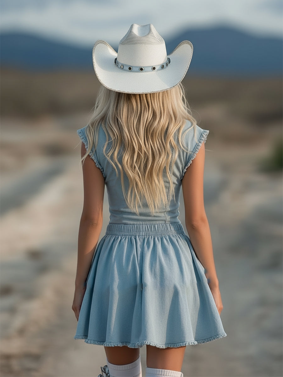 Trendy Western Light Blue Denim Frayed Elastic Waist Collar Sleeveless Mini Dress