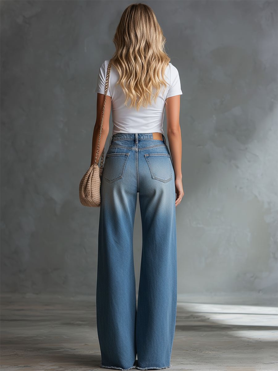 Retro-style Wide-leg Floor-length Frayed Denim Trousers